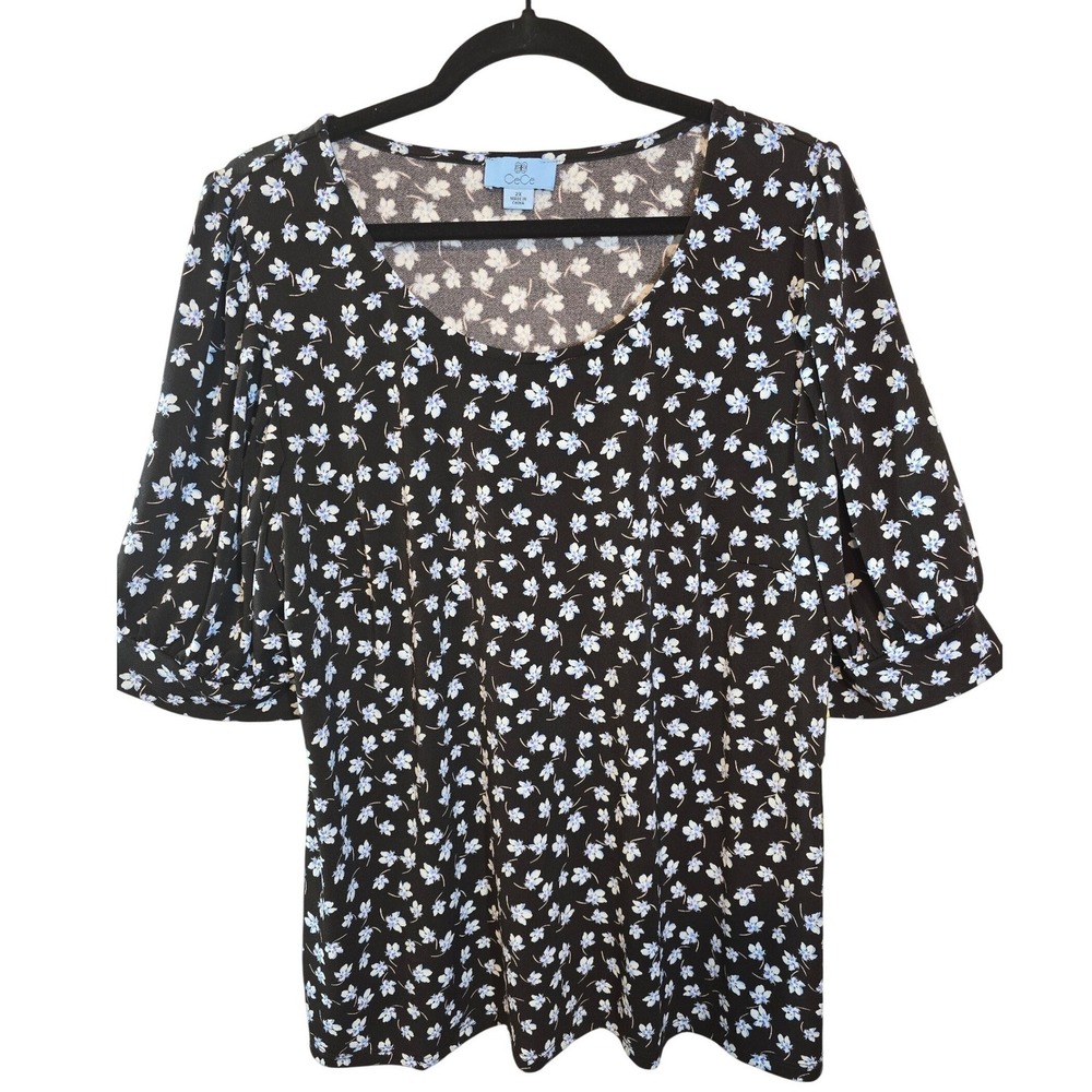 CeCe Women's Size 2X Black Floral Print short sleeve Top Garden Romance New‎